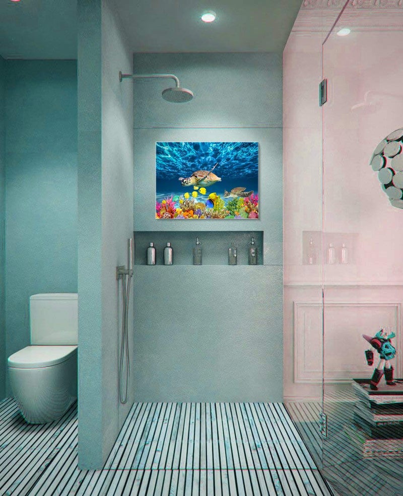 CGXART Bathroom Canvas Wall Art Kitchen Wall Decoration Modern Sea Turtle Wall Decor for Dining Room Colorful Fish Coral Beach Theme Pictures 12x16 Inch - Image 2